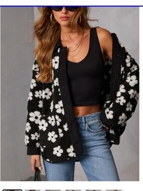 Cozy Blooms Floral Sherpa Jacket - Black & White